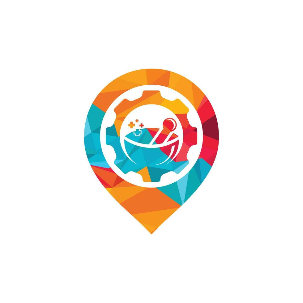 Gear pharmacy with pin pointer vector logo design. Mechanic health logo concept.