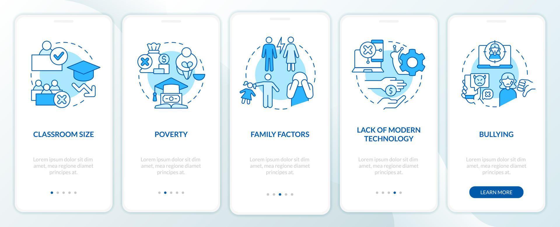 Public schools challenges blue onboarding mobile app screen. Walkthrough 5 steps editable graphic instructions with linear concepts. UI, UX, GUI template. vector