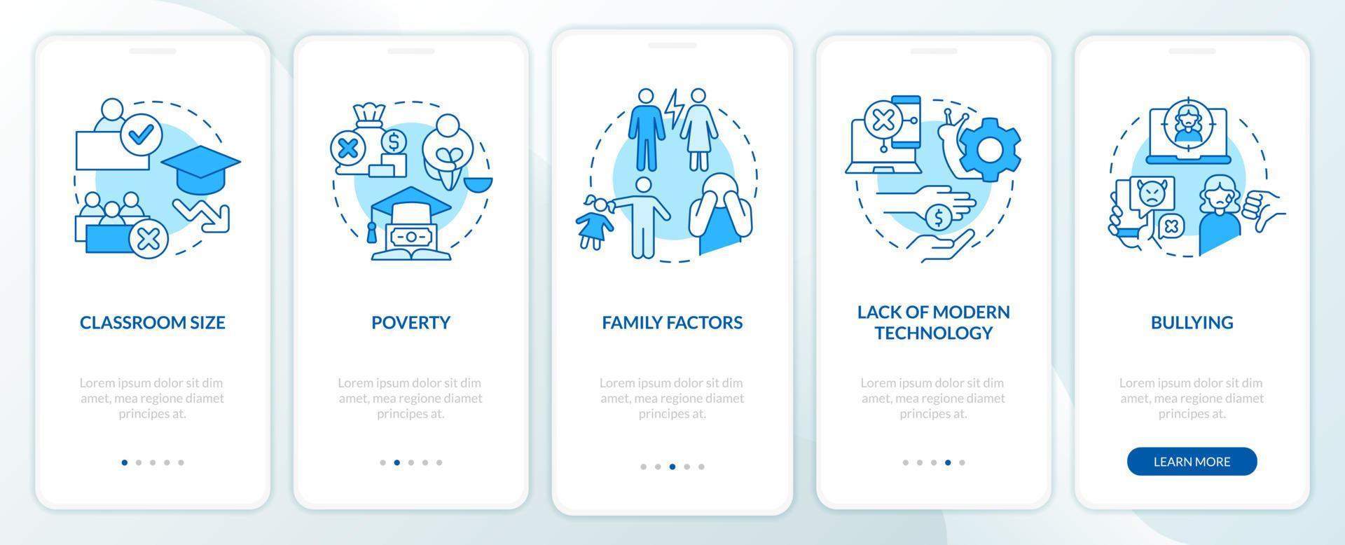 las escuelas públicas desafían la pantalla azul de la aplicación móvil de incorporación. tutorial 5 pasos instrucciones gráficas editables con conceptos lineales. interfaz de usuario, ux, plantilla de interfaz gráfica de usuario. vector