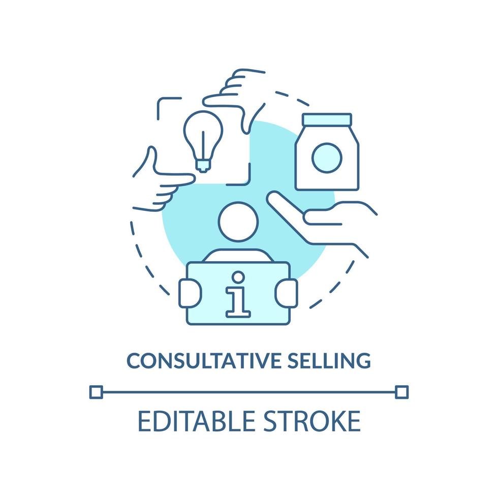 Consultative selling turquoise concept icon. Sales strategy abstract idea thin line illustration. Investigative approach. Isolated outline drawing. Editable stroke. vector