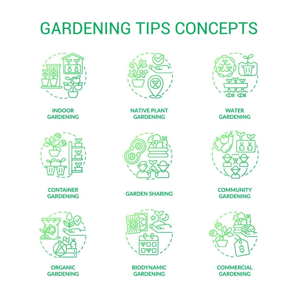 Gardening tips green gradient concept icons set. Plant care. Planting and growing flowers idea thin line color illustrations. Isolated symbols. vector