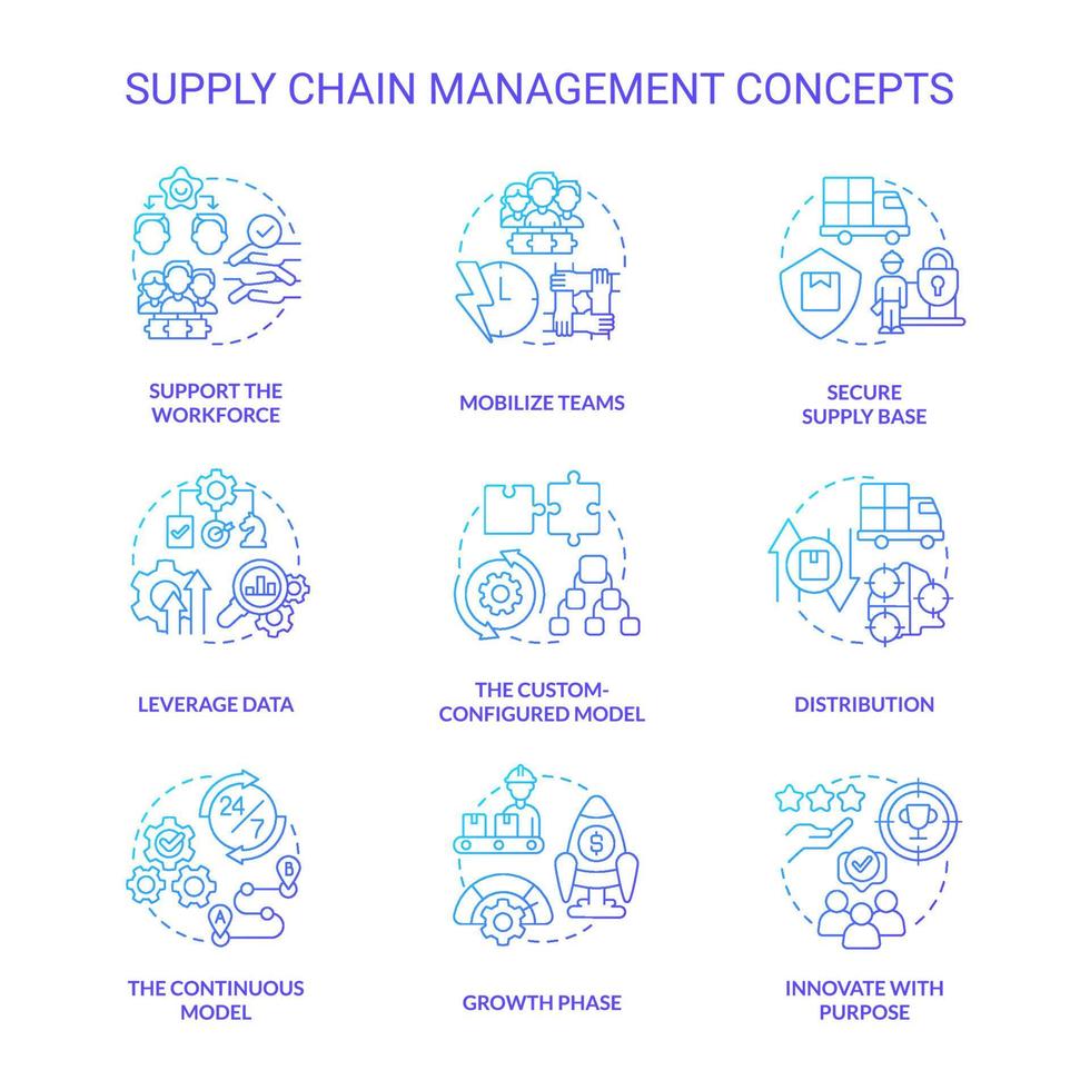 Supply chain management blue gradient concept icons set. Business process and service idea thin line color illustrations. Isolated symbols. vector