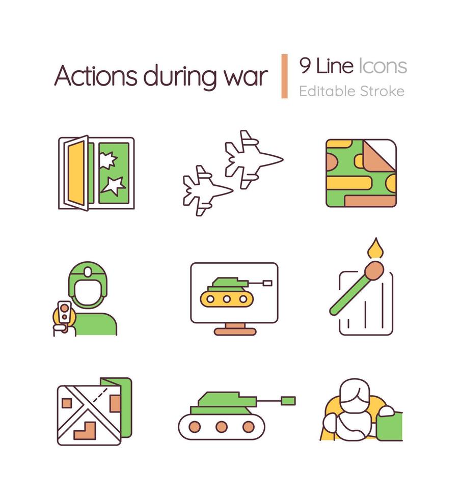 Actions to survive during war RGB color icons set. Stay safe in extreme situation. Isolated vector illustrations. Simple filled line drawings collection. Editable stroke.