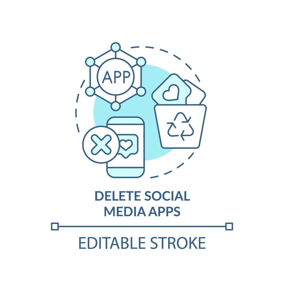 Delete social media apps turquoise concept icon. Break social networks addiction abstract idea thin line illustration. Isolated outline drawing. Editable stroke. vector