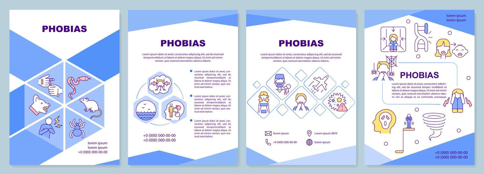 Phobias brochure template. Anxiety disorder. Fear and panic. Leaflet design with linear icons. 4 vector layouts for presentation, annual reports.