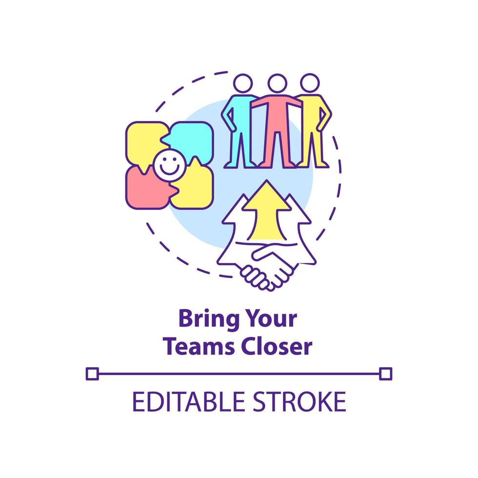 Bring teams closer concept icon. Diverse sales development team abstract idea thin line illustration. Teambuilding plan. Isolated outline drawing. Editable stroke. vector