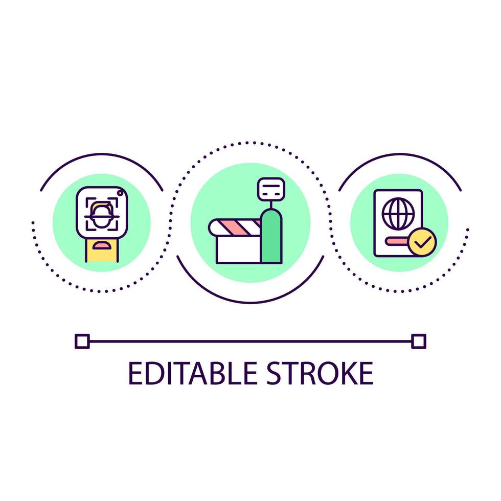 Border crossings control with biometric technology loop concept icon. International boundaries abstract idea thin line illustration. Isolated outline drawing. Editable stroke. vector