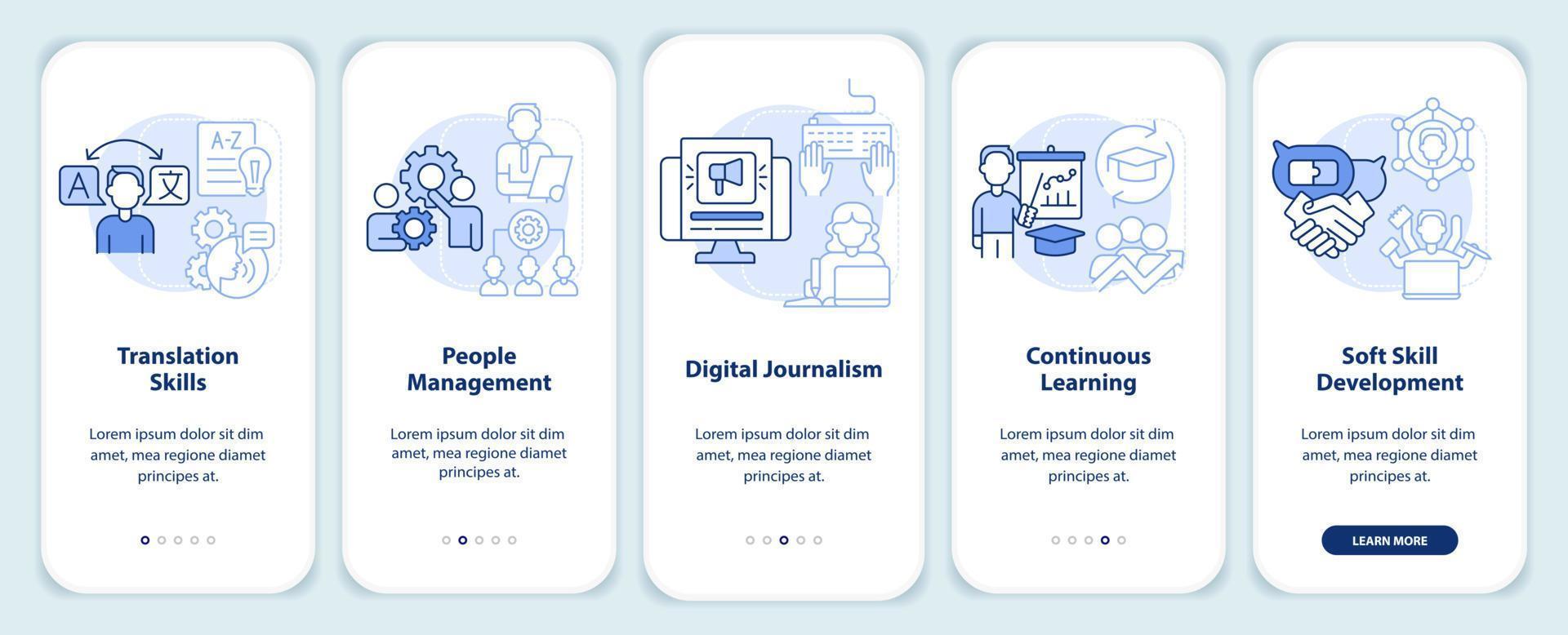 Must-have skills to put in CV light blue onboarding mobile app screen. Walkthrough 5 steps graphic instructions pages with linear concepts. UI, UX, GUI template. vector