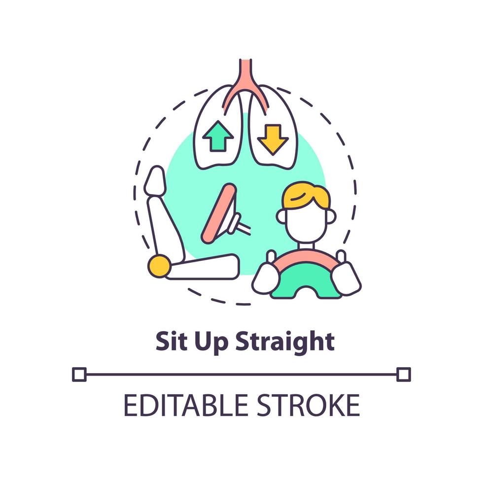 Sit up straight concept icon. Proper position while driving. Road trip tip abstract idea thin line illustration. Isolated outline drawing. Editable stroke. vector