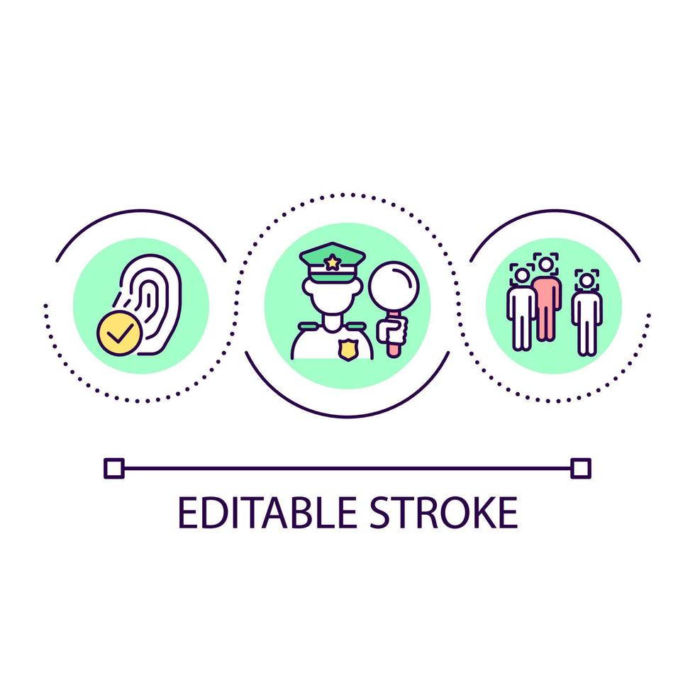 Biometric analysis in criminal investigations loop concept icon. Facial and fingerprints recognition abstract idea thin line illustration. Isolated outline drawing. Editable stroke. vector