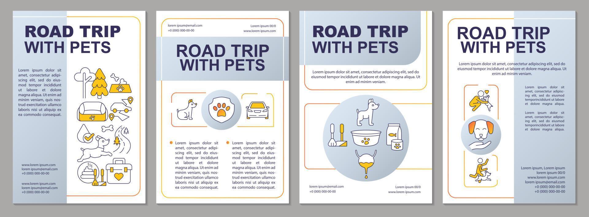 Road trip with pets grey brochure template. Car travel. Leaflet design with linear icons. Editable 4 vector layouts for presentation, annual reports.