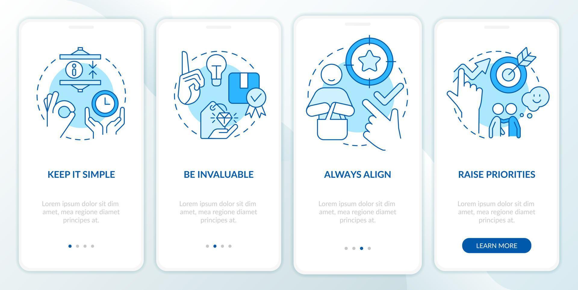 Components of communication blue onboarding mobile app screen. Selling walkthrough 4 steps editable graphic instructions with linear concepts. UI, UX, GUI template. vector