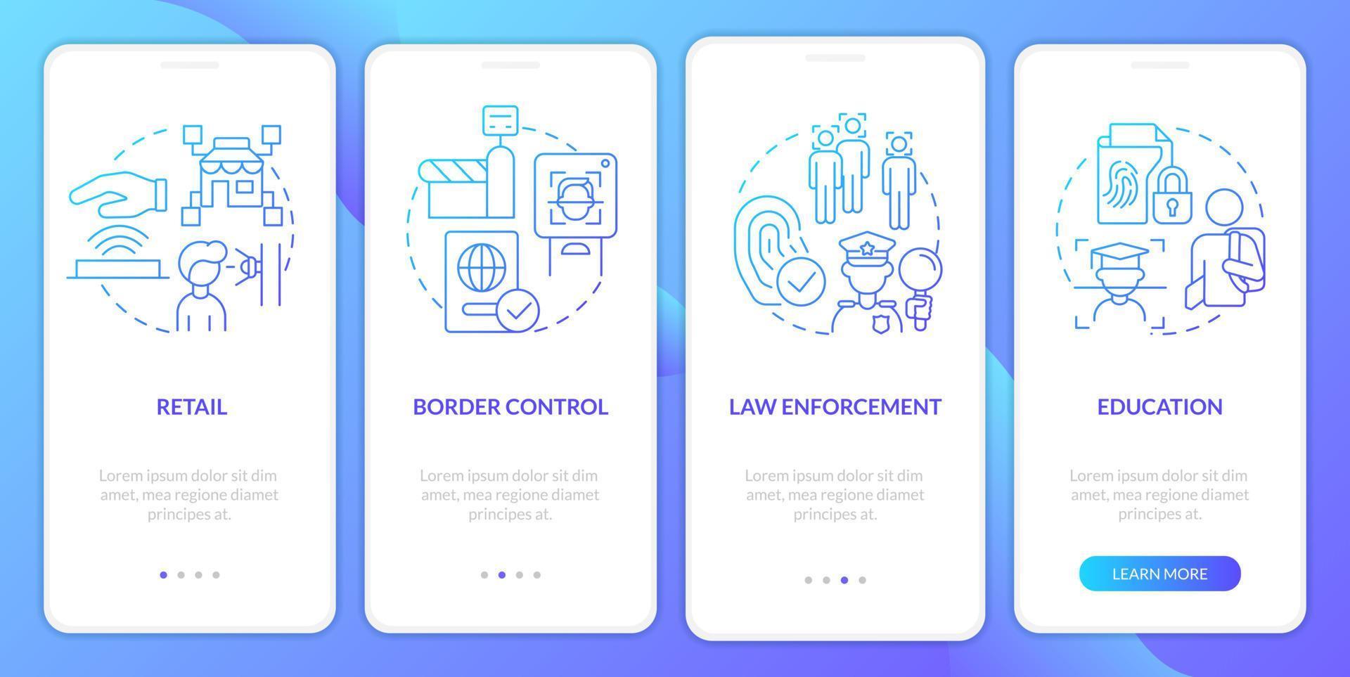 Biometric technology implementation blue gradient onboarding mobile app screen. Walkthrough 4 steps graphic instructions with linear concepts. UI, UX, GUI template. vector