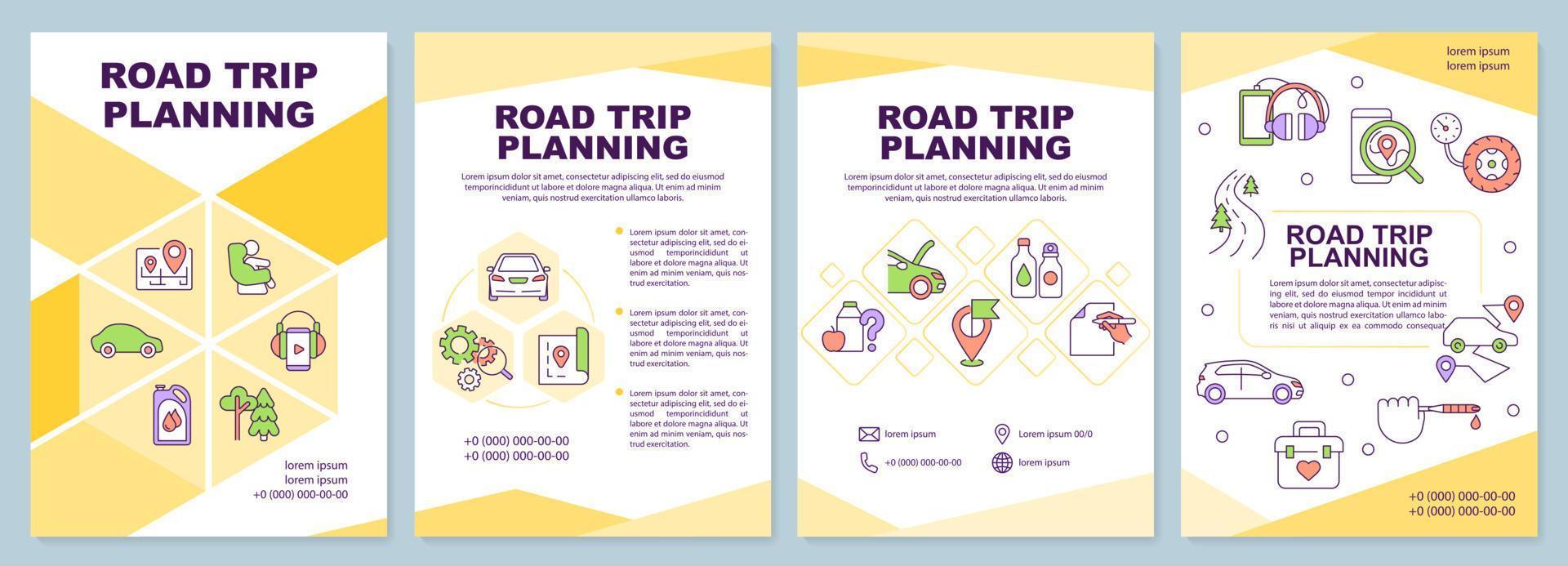 Road trip planning brochure template. Car tourism. Leaflet design with linear icons. Editable 4 vector layouts for presentation, annual reports.