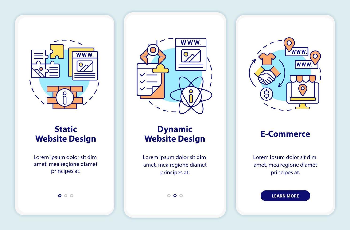 tipos de diseño de sitios web que incorporan la pantalla de la aplicación móvil. tutorial estático y dinámico 3 pasos instrucciones gráficas editables con conceptos lineales. interfaz de usuario, ux, plantilla de interfaz gráfica de usuario. vector