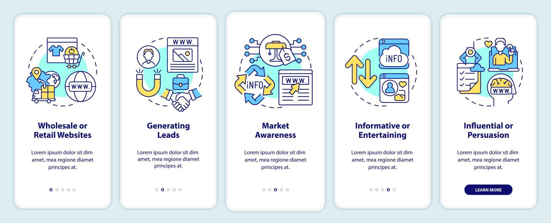 Categories of websites onboarding mobile app screen. Market awareness walkthrough 5 steps editable graphic instructions with linear concepts. UI, UX, GUI template. vector