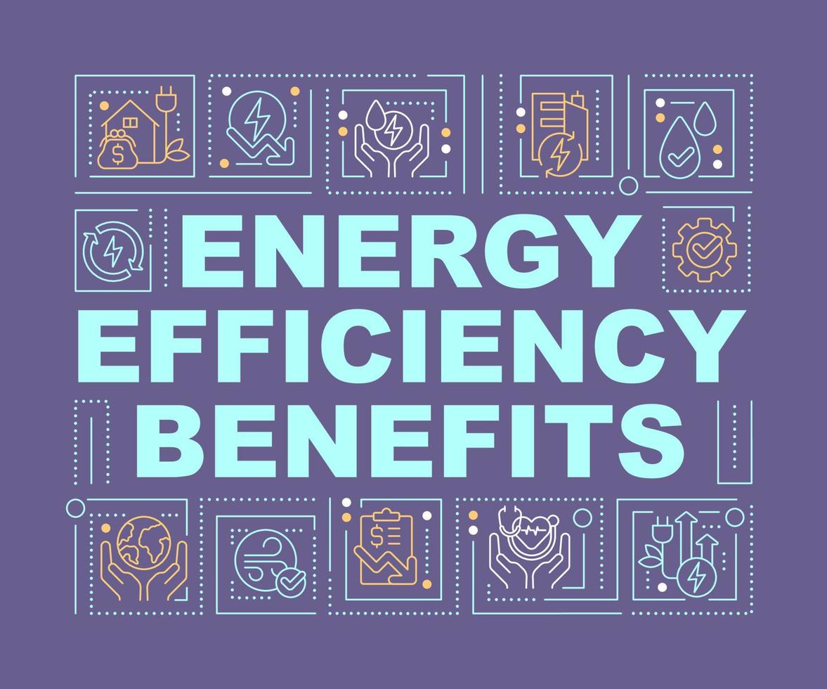 Energy efficiency benefits word concepts purple banner. Infographics with editable icons on color background. Isolated typography. Vector illustration with text.