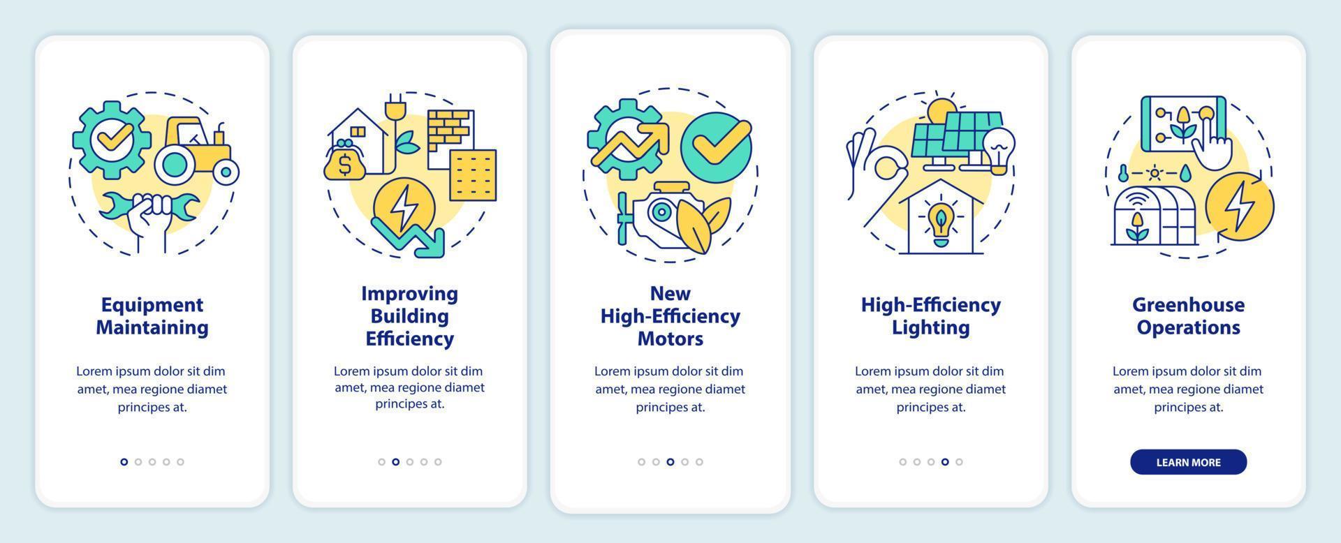 Farm energy efficiency onboarding mobile app screen. Walkthrough 5 steps editable graphic instructions with linear concepts. UI, UX, GUI template. vector