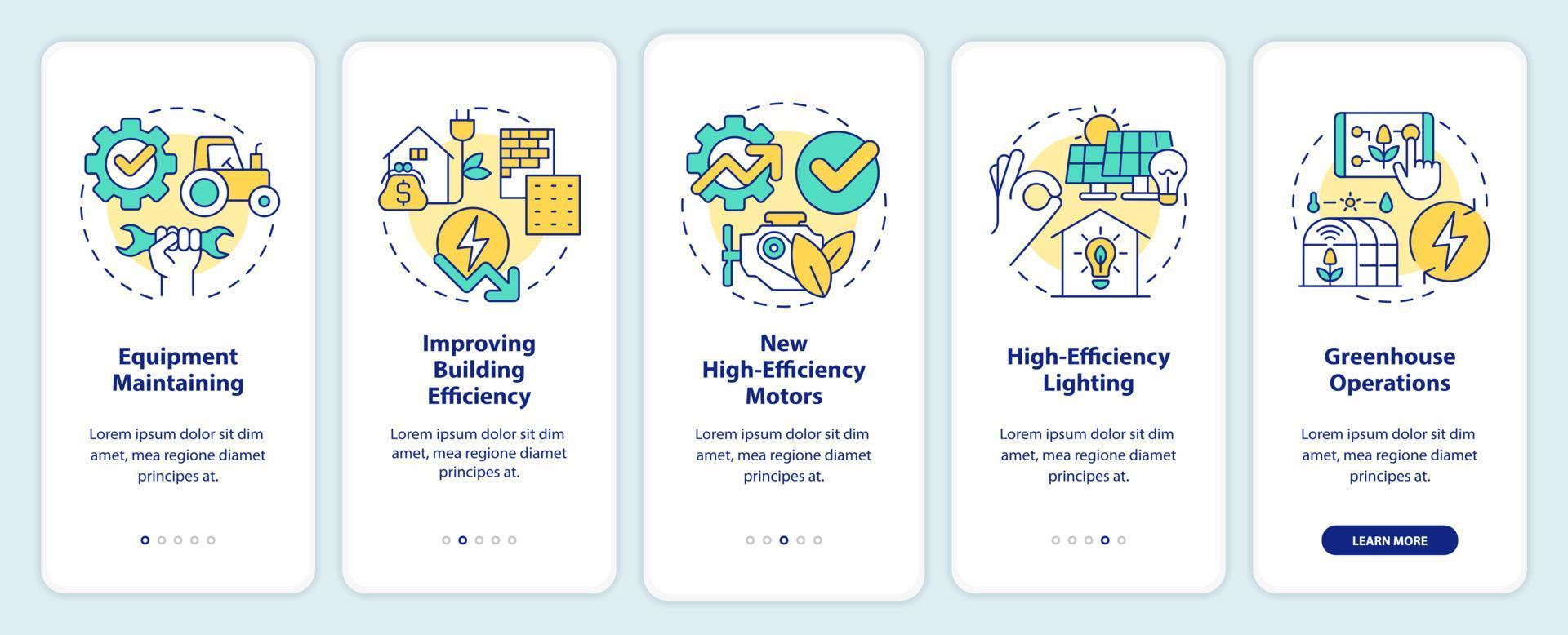 pantalla de aplicación móvil de incorporación de eficiencia energética agrícola. tutorial 5 pasos instrucciones gráficas editables con conceptos lineales. interfaz de usuario, ux, plantilla de interfaz gráfica de usuario. vector