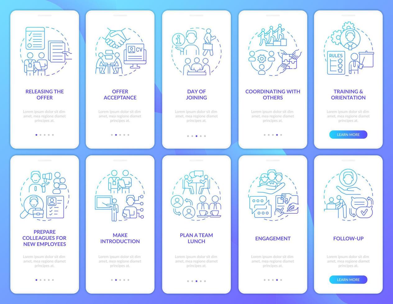 desarrollo del conjunto de pantallas de aplicaciones móviles de incorporación de degradado azul de integración de empleados. Instrucciones gráficas de 5 pasos con conceptos lineales. interfaz de usuario, ux, plantilla de interfaz gráfica de usuario. vector