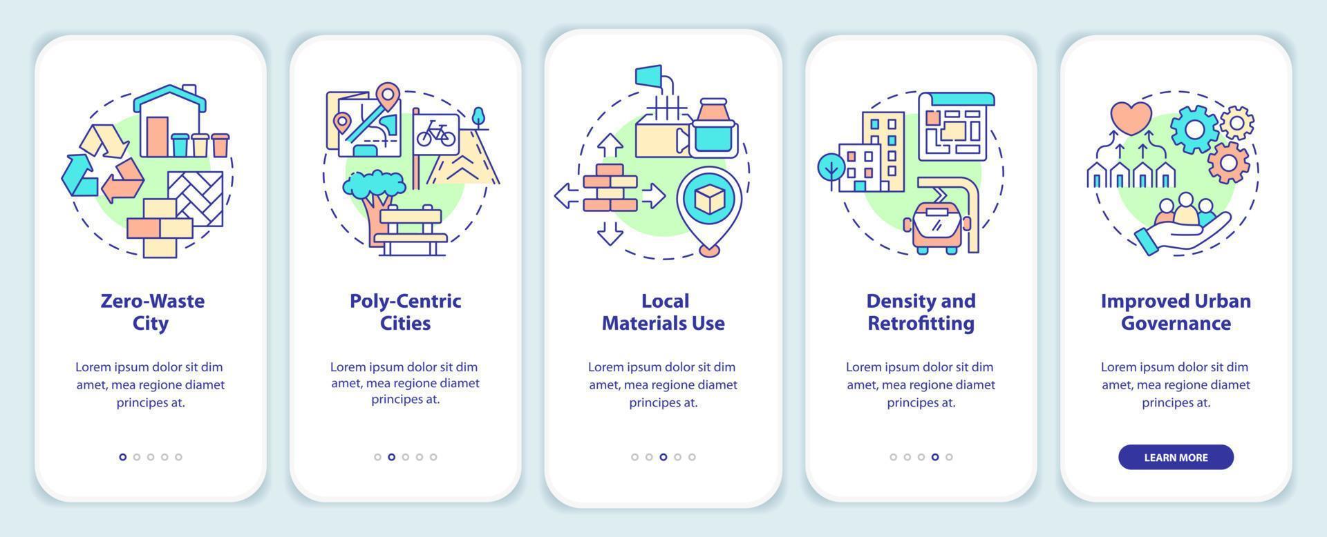 principios de urbanismo verde que incorporan la pantalla de la aplicación móvil. Recorrido por la ciudad sin desperdicios Páginas de instrucciones gráficas de 5 pasos con conceptos lineales. interfaz de usuario, ux, plantilla de interfaz gráfica de usuario. vector