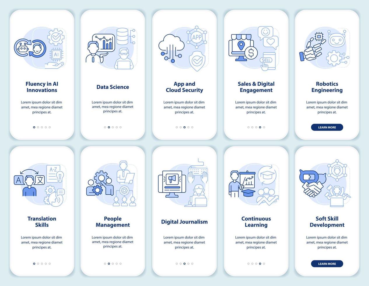Tech skills and courses light blue onboarding mobile app screen set. Walkthrough 5 steps graphic instructions pages with linear concepts. UI, UX, GUI template. vector