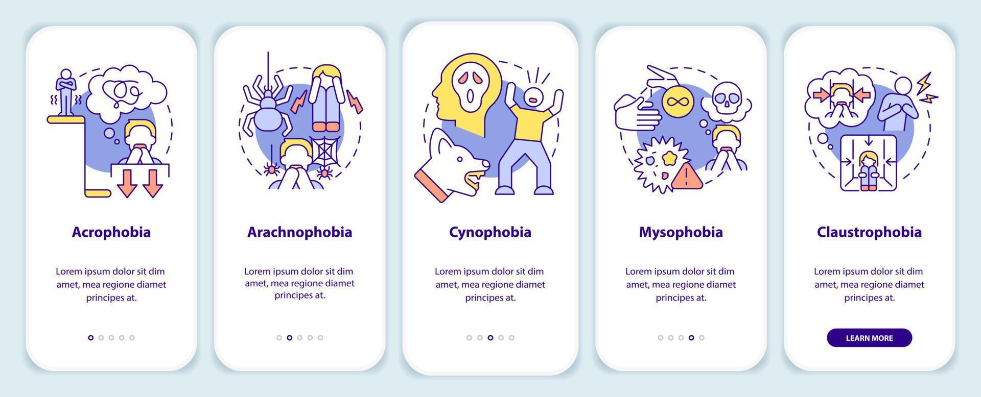 Most common phobias onboarding mobile app screen. Anxiety disorder walkthrough 5 steps graphic instructions pages with linear concepts. UI, UX, GUI template. vector