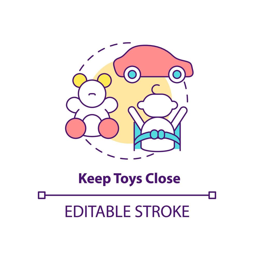 Keep toys close concept icon. Happy child. Trip with toddlers recommendation abstract idea thin line illustration. Isolated outline drawing. Editable stroke. vector