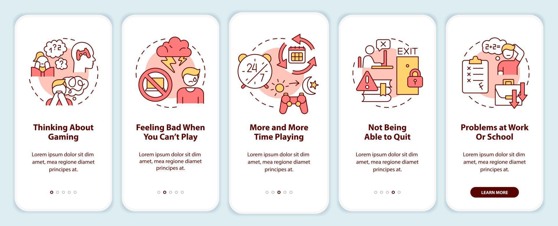 Signs of game addiction onboarding mobile app screen. Mental health walkthrough 5 steps graphic instructions pages with linear concepts. UI, UX, GUI template. vector