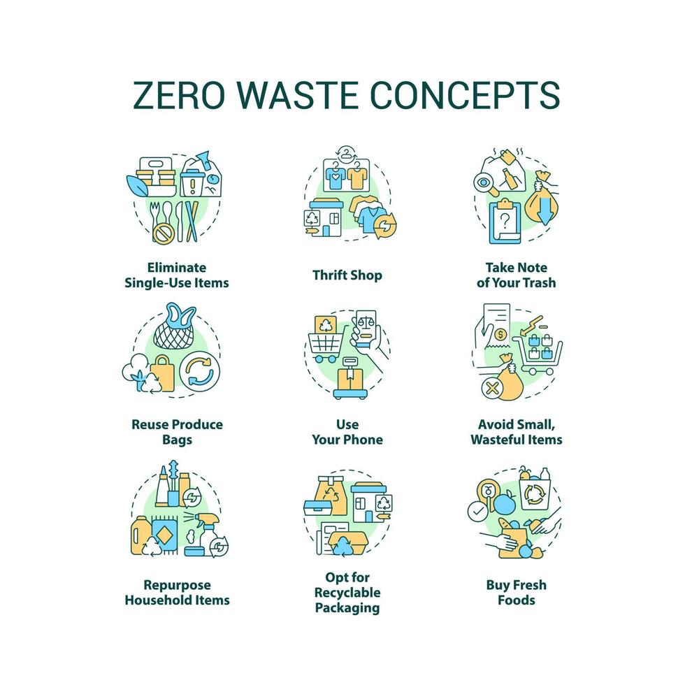 Zero waste concept icons set. Reuse and recycle practices idea thin line color illustrations. Repurpose household items. Isolated symbols. Editable stroke. vector