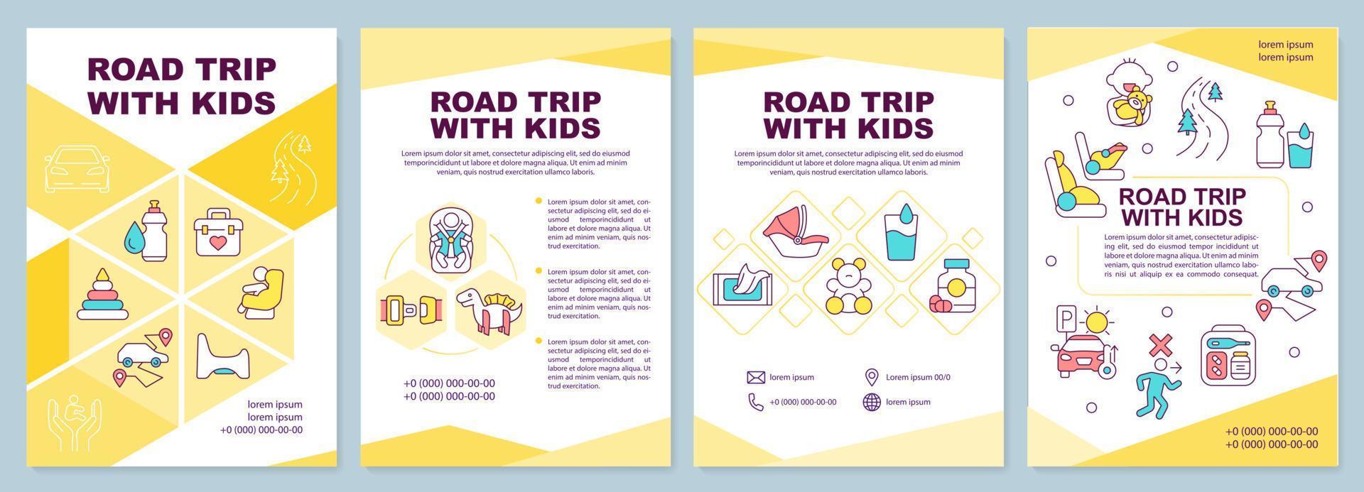 plantilla de folleto de viaje por carretera con niños. viaje en coche diseño de folletos con iconos lineales. 4 diseños vectoriales editables para presentación, informes anuales. vector