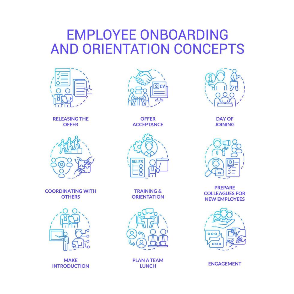 Employee onboarding and orientation blue gradient concept icons set. Hiring company staff idea thin line color illustrations. Isolated symbols. vector