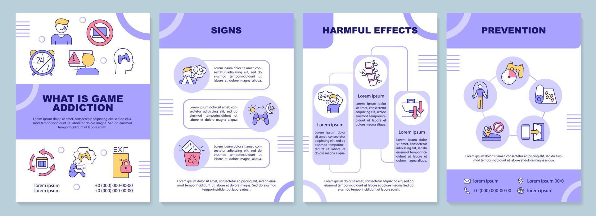 What is game addiction purple brochure template. Signs and effects. Leaflet design with linear icons. 4 vector layouts for presentation, annual reports.