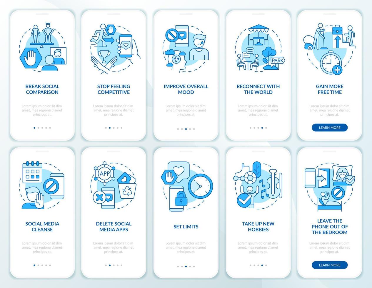 Game and social network addiction blue onboarding mobile app screen set. Walkthrough 5 steps graphic instructions pages with linear concepts. UI, UX, GUI template. vector