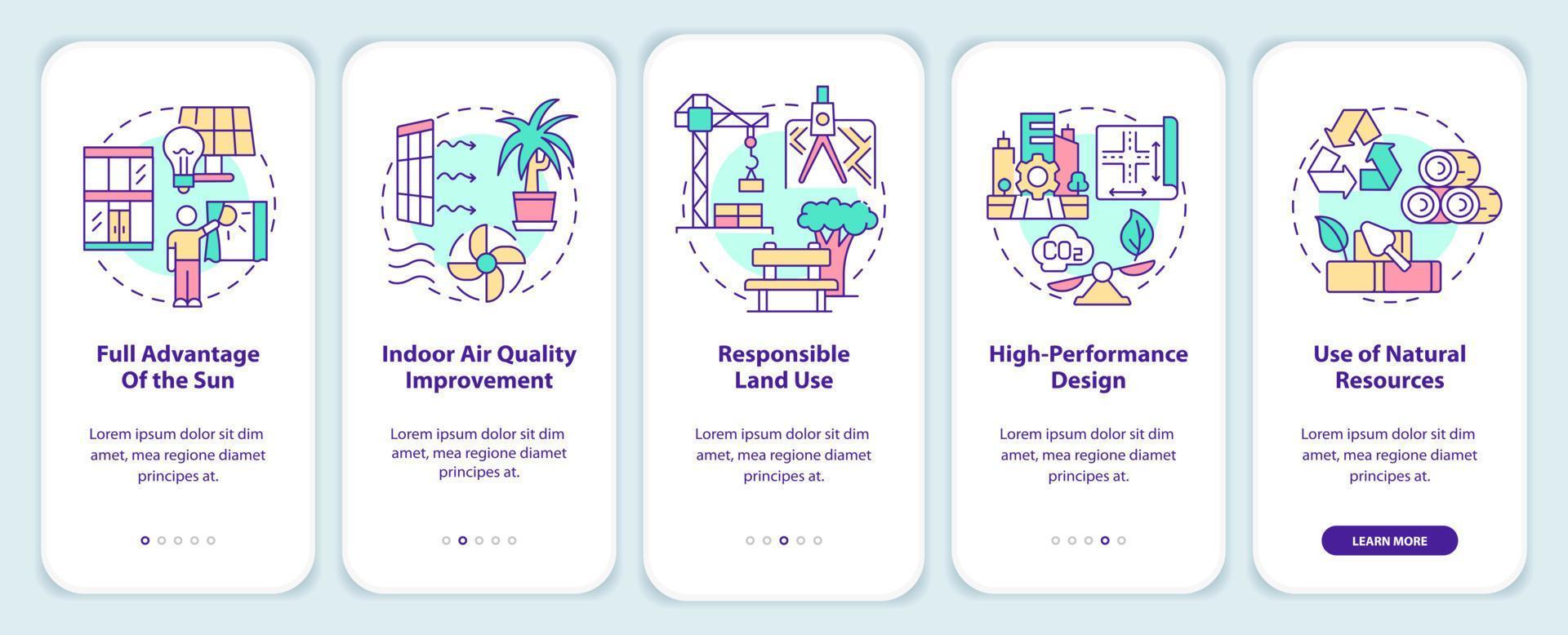 Sustainable architecture principles onboarding mobile app screen. Walkthrough 5 steps graphic instructions pages with linear concepts. UI, UX, GUI template. vector