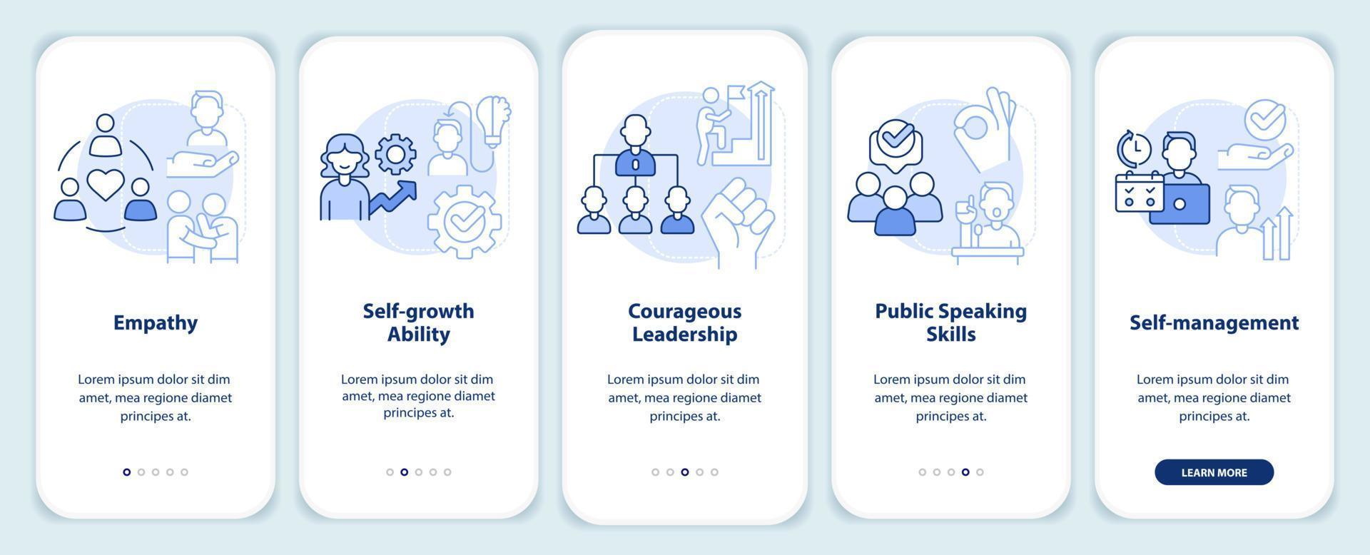 Trendy soft skills light blue onboarding mobile app screen. Self growth walkthrough 5 steps graphic instructions pages with linear concepts. UI, UX, GUI template. vector
