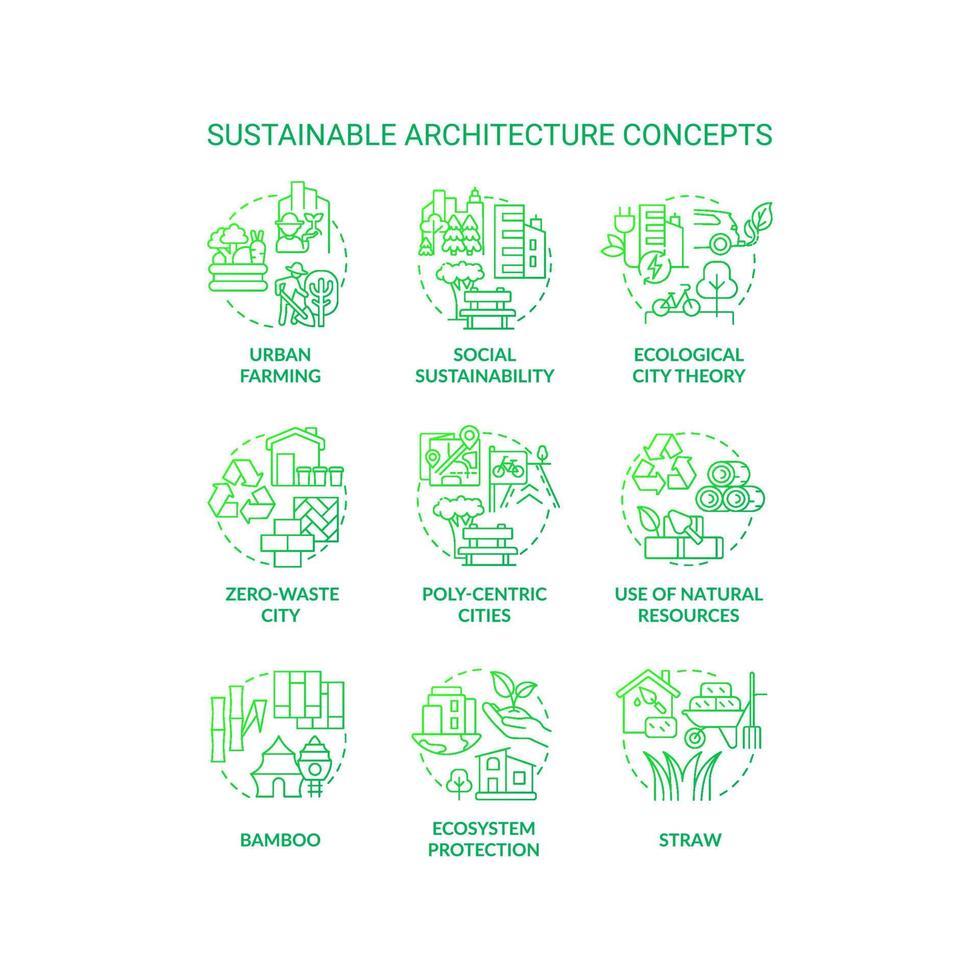 conjunto de iconos de concepto de gradiente verde de arquitectura sostenible. teoría de la ciudad ecológica idea ilustraciones en color de línea delgada. recursos naturales. símbolos aislados. vector