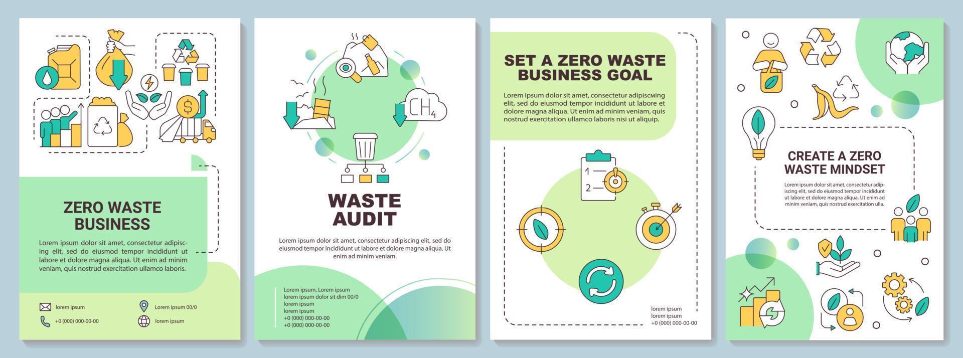 Zero waste business strategies green brochure template. Mindset. Leaflet design with linear icons. Editable 4 vector layouts for presentation, annual reports.