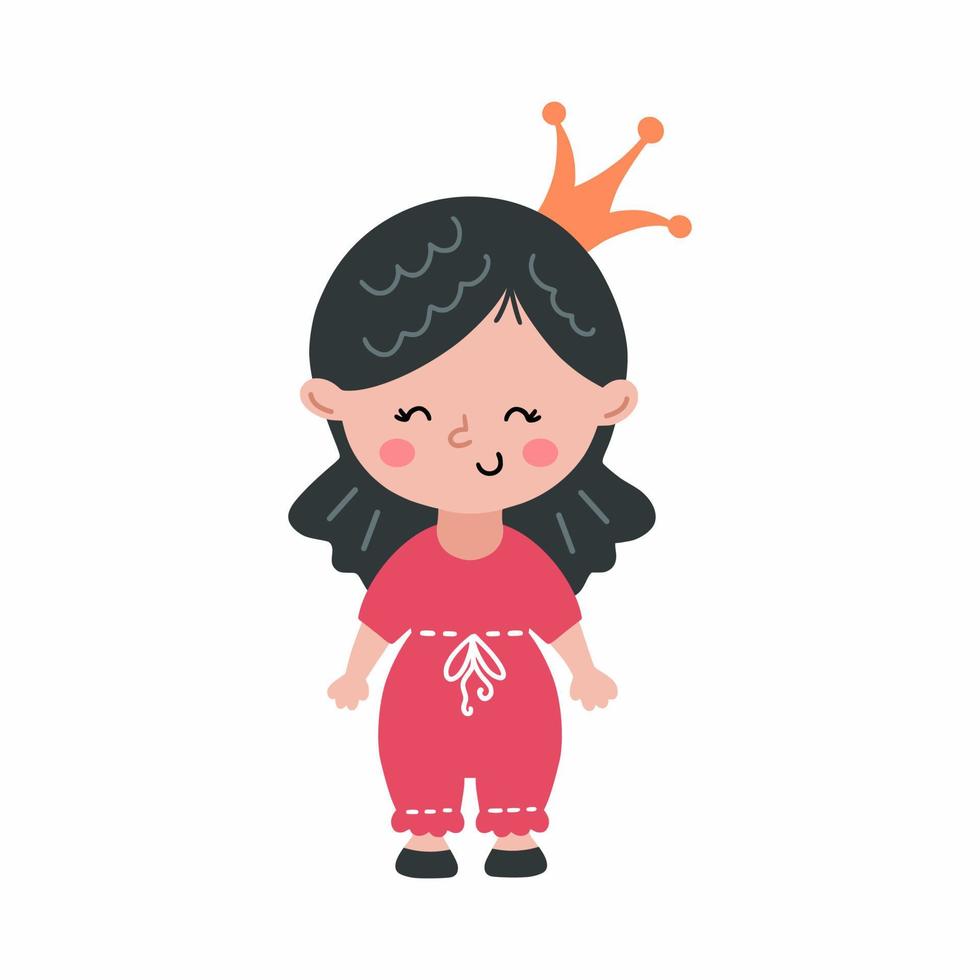 Cute princess with beautiful hairstyle. little girl in dress. Crown on head. Funny character. Illustration for children. Poster nursery. vector