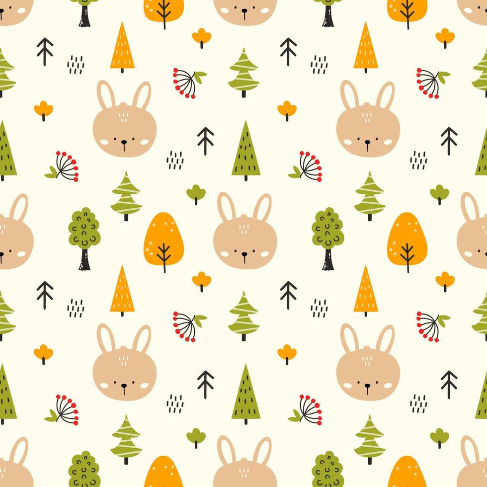 Hare in forest. Cute rabbit. Seamless pattern for sewing children