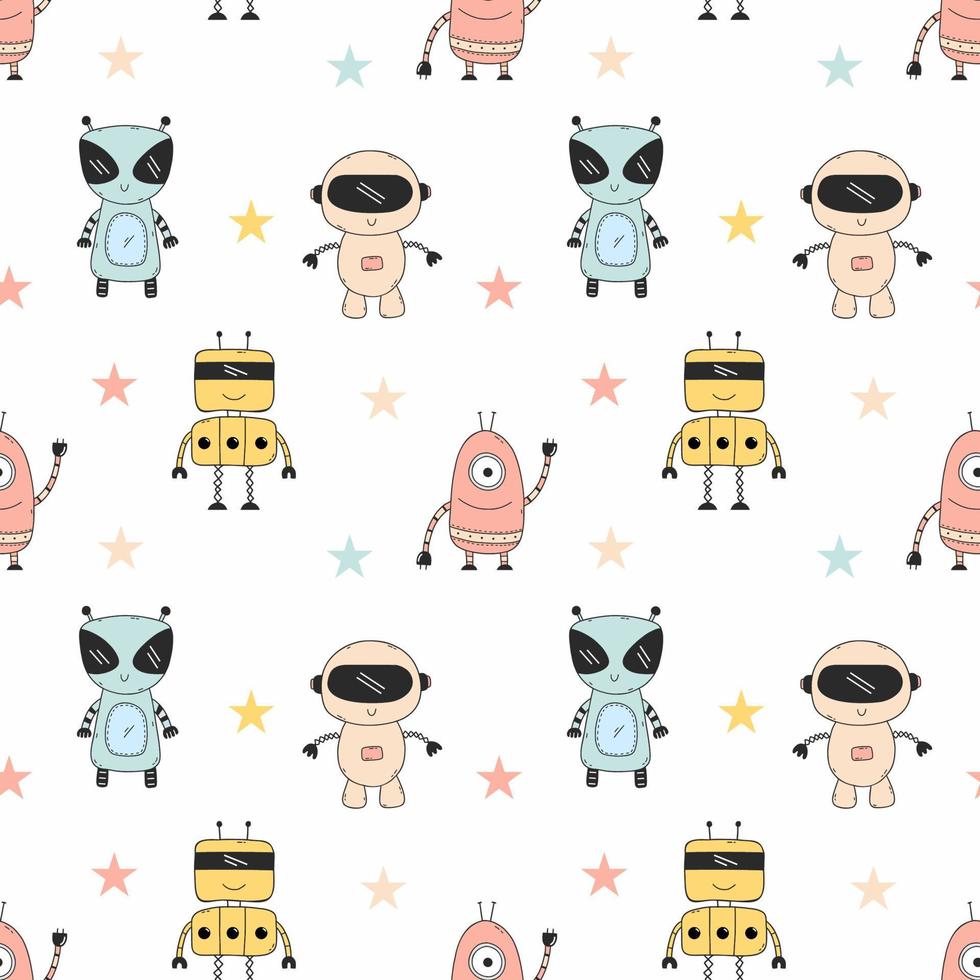 Cute robot. Seamless pattern for tailoring. Printing on fabric and wrapping paper. Monster. vector