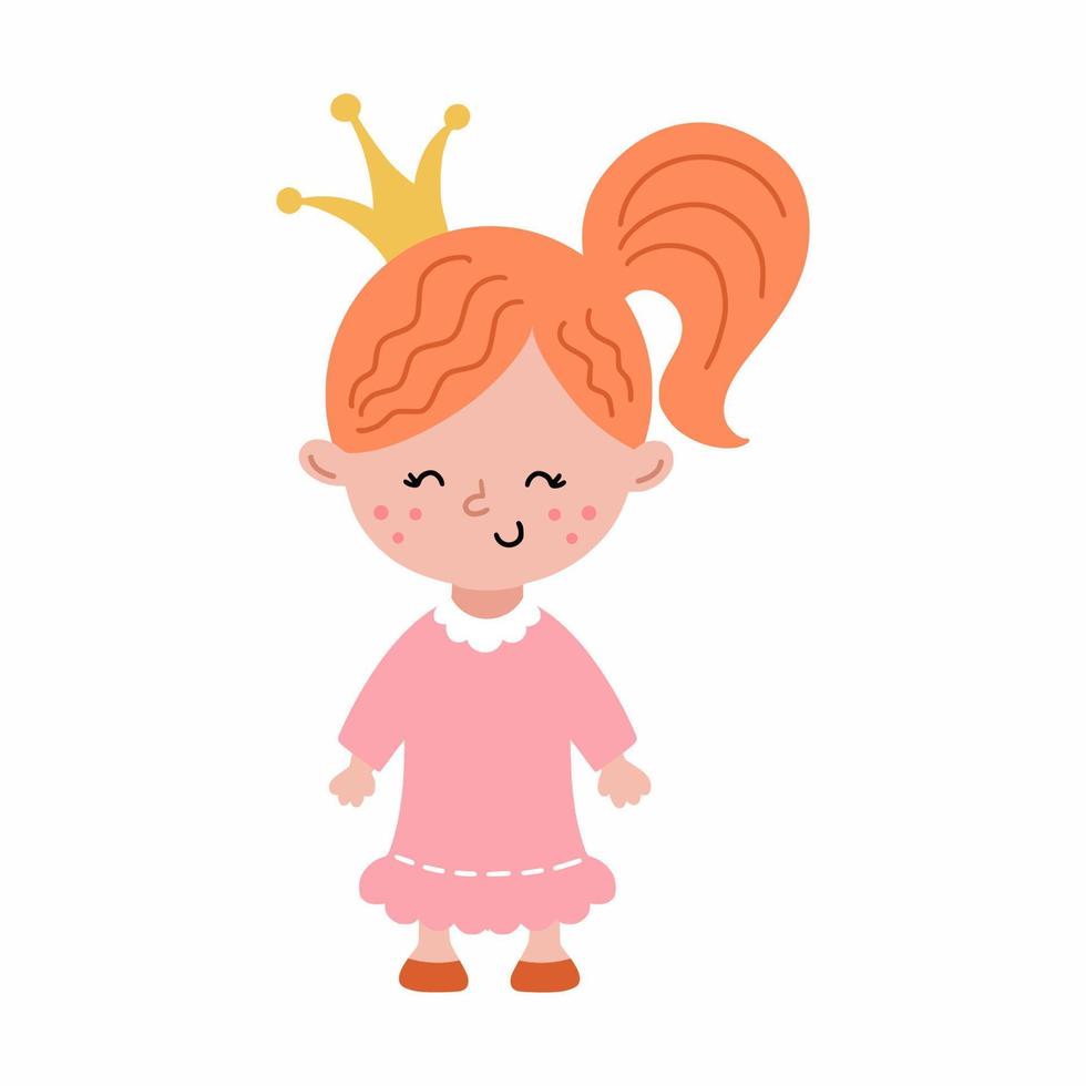 linda princesa con hermoso peinado. niña en vestido. corona en la cabeza. personaje divertido ilustración para niños. vivero de carteles. vector