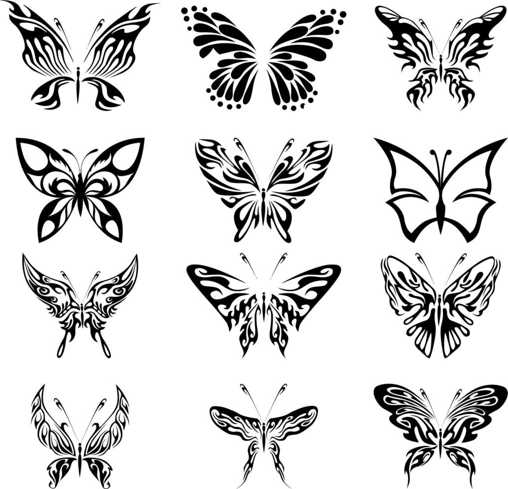 conjunto de diseños de tatuajes de mariposas, conjunto de iconos de silueta aislados en fondo blanco. vector