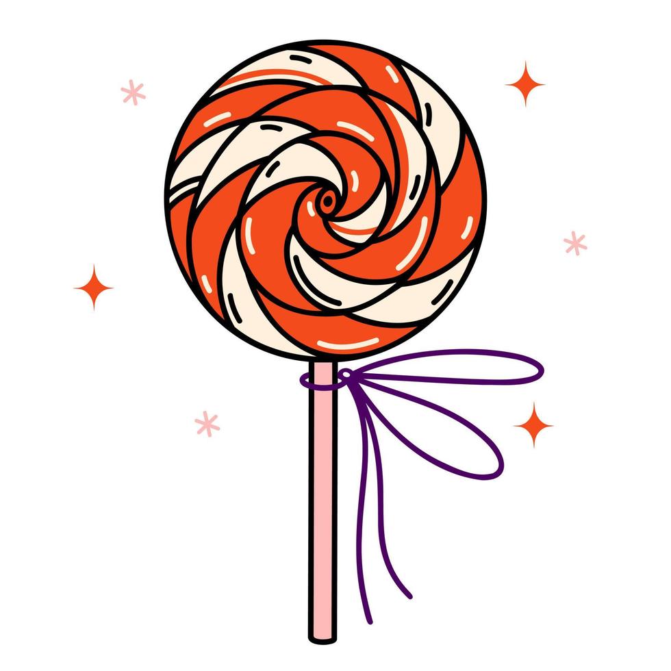 Lollipop vector icon. Sweet striped candy on a stick. Big round caramel decorated with ribbon, isolated on white. Tasty dessert made from sugar, fruits. Flat cartoon clipart for print, logo, web