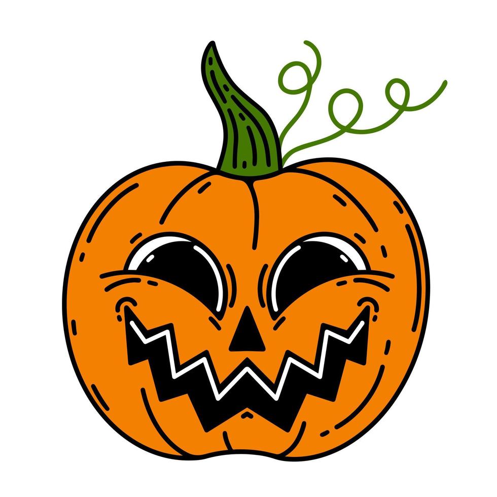 divertido icono de vector de calabaza de Halloween. linterna jack aislado sobre fondo blanco. cara sonriente en una verdura. símbolo de vacaciones de otoño. ilustración de dibujos animados planos para tarjetas, carteles, logotipos, aplicaciones