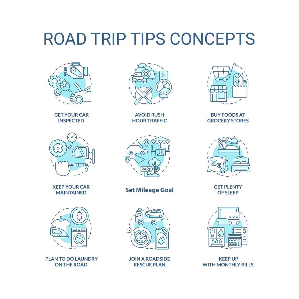Road trip tips turquoise concept icons set. Planning car adventure recommendations idea thin line color illustrations. Isolated symbols. Editable stroke. vector