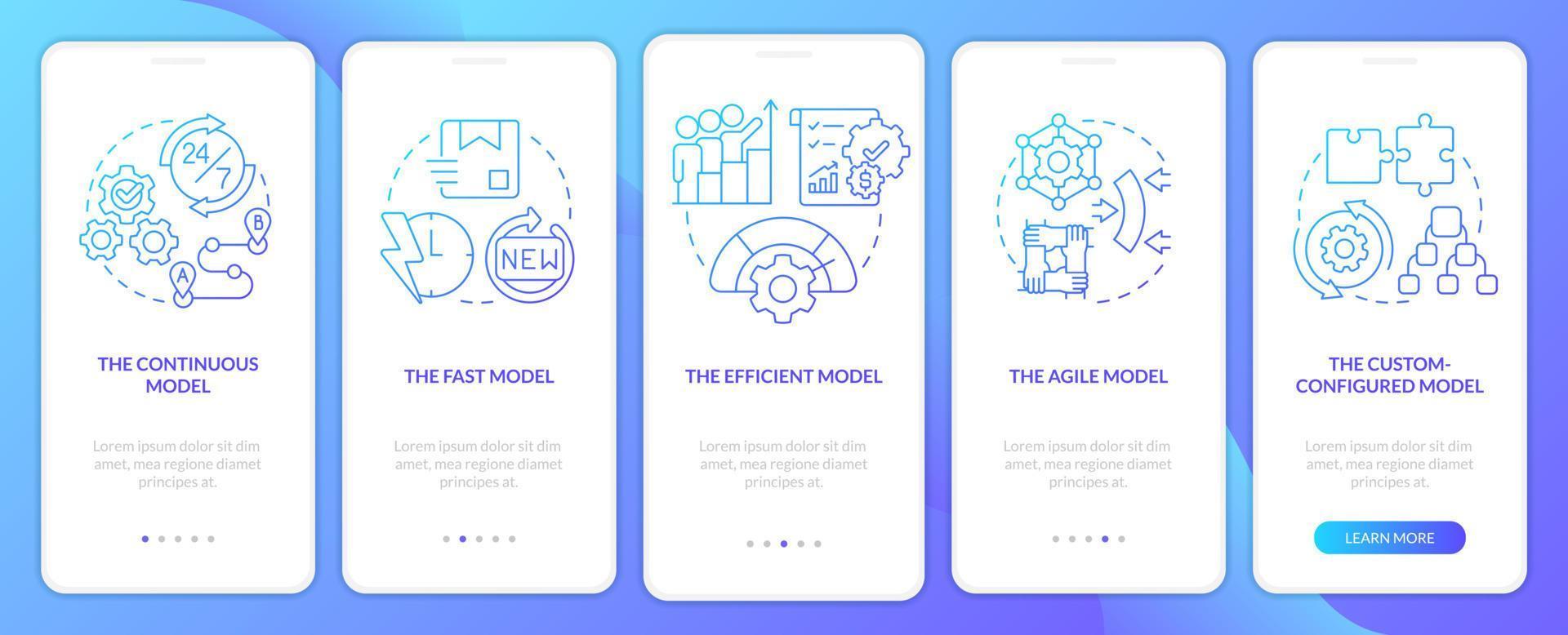 Supply chain models blue gradient onboarding mobile app screen. Industry walkthrough 5 steps graphic instructions with linear concepts. UI, UX, GUI template. vector