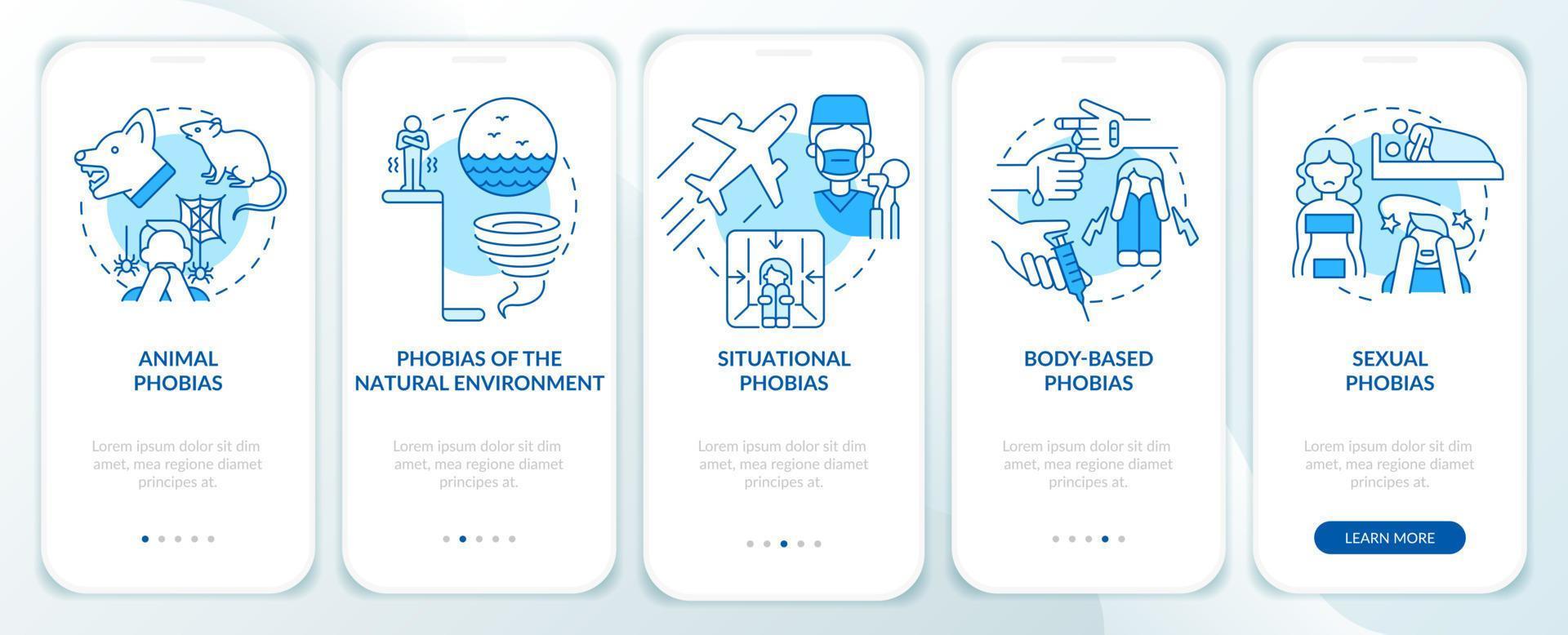Specific phobias blue onboarding mobile app screen. Anxiety disorder walkthrough 5 steps graphic instructions pages with linear concepts. UI, UX, GUI template. vector