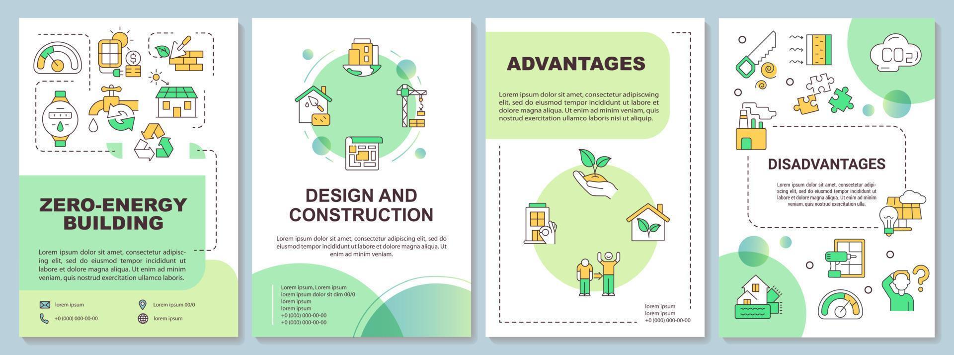 Zero emission building green brochure template. Advantages, drawbacks. Leaflet design with linear icons. 4 vector layouts for presentation, annual reports.