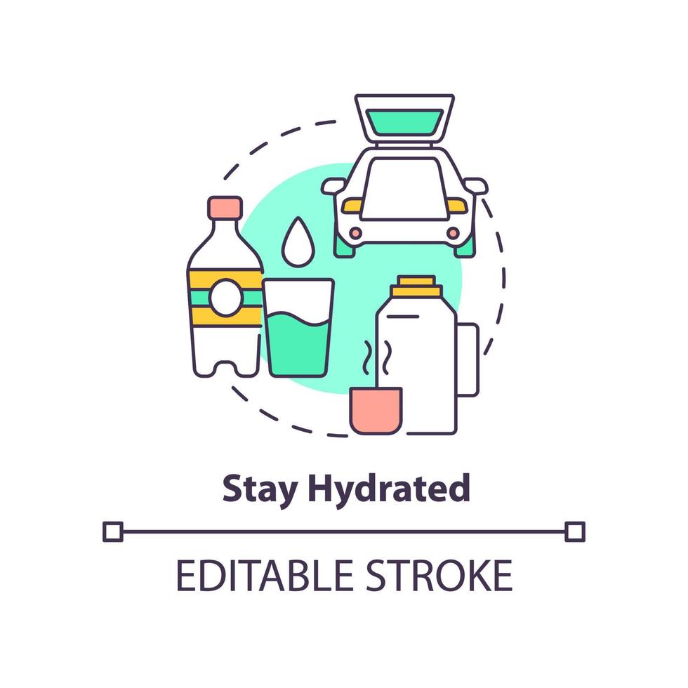 Stay hydrated concept icon. Drinking plenty of water. Road trip tip abstract idea thin line illustration. Isolated outline drawing. Editable stroke. vector